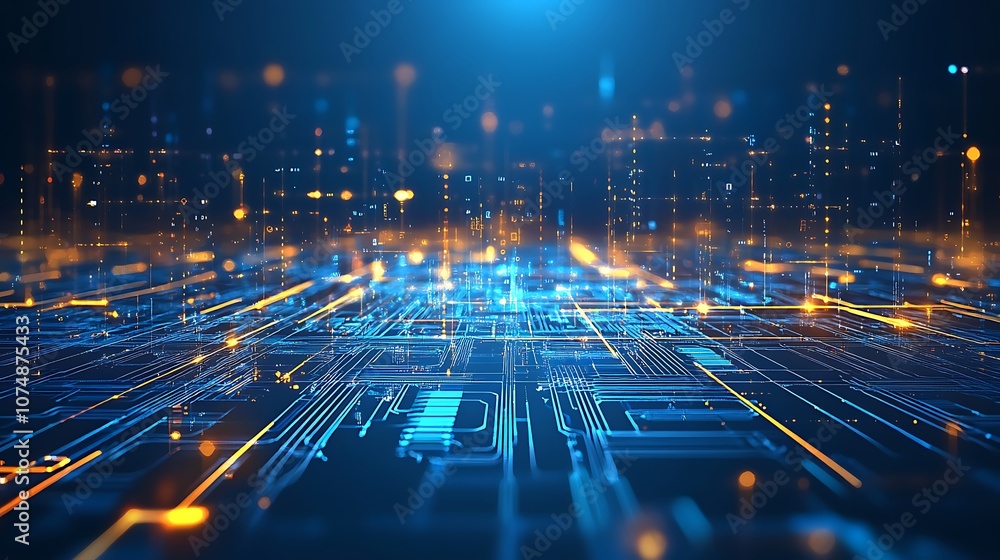Poster Abstract digital network background with glowing lines and nodes.