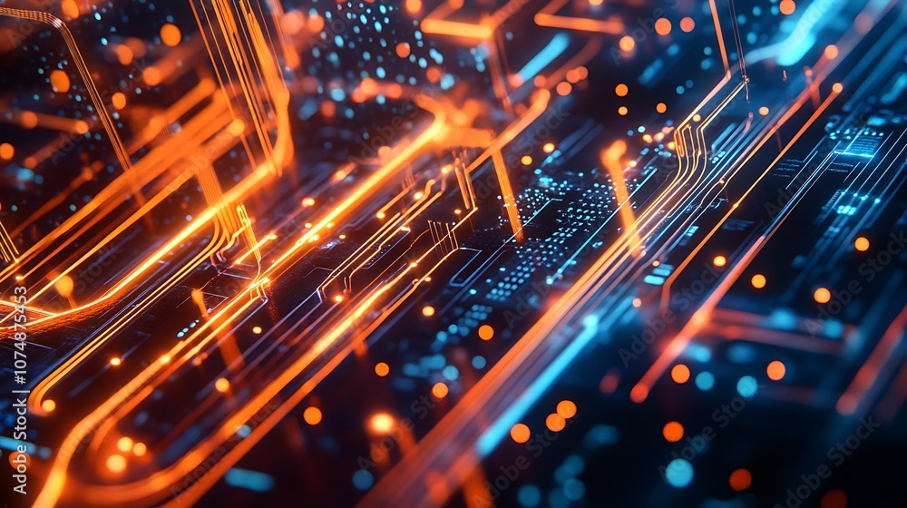 Poster abstract digital circuit board with glowing lines.