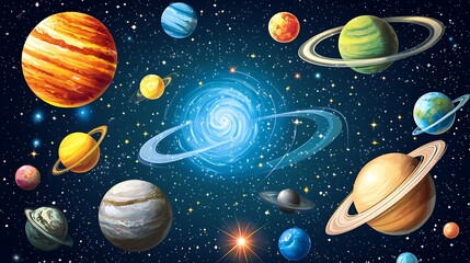 Colorful planets and a swirling nebula in space.