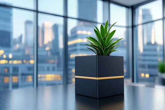  Un macetero negro con una planta verde, colocado sobre una mesa con un fondo de oficina moderna y edificios urbanos iluminados.
