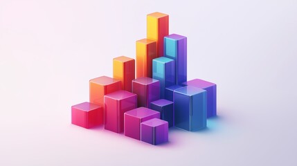Naklejka premium Colorful 3D Bar Chart Illustration with Transparent Geometric Blocks Representing Data Visualization, Analytics, and Growth Metrics in a Minimalist Style