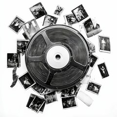 Film reel surrounded by old photos.