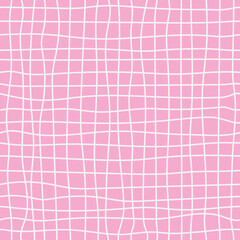 Hand drawn checkered pattern.White grid lines on pink background. Vector notebook texture.