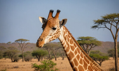Fototapeta premium A giraffe looks over the savanna with a calm expression