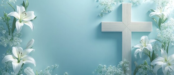 Elegant wooden cross with white lilies and flowers on a soft blue background, symbolizing a Christian funeral service, generative AI, respectful and tranquil atmosphere