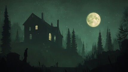 A silhouette of a house in a dark forest with a full moon in the background, and a shadowy figure stands in the foreground.