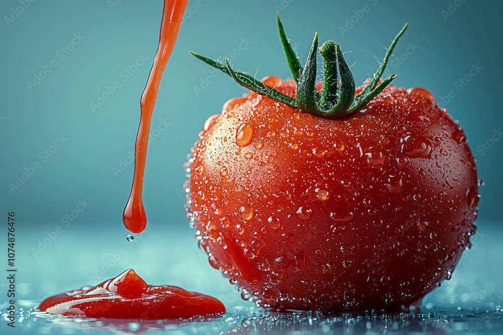 Aufkleber minimalist composition of a tomato with a gentle stream of ketchup flowing from it, set on a clean b