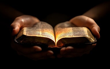 Hands gently holding an open Bible, reflecting the Christian spirit and study of Gods word, closeup, generative AI, spiritual connection and reverence