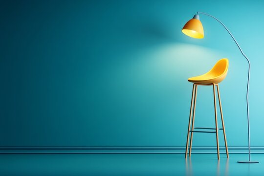 Un taburete amarillo junto a una l&aacute;mpara de pie en un espacio minimalista con un fondo azul.
