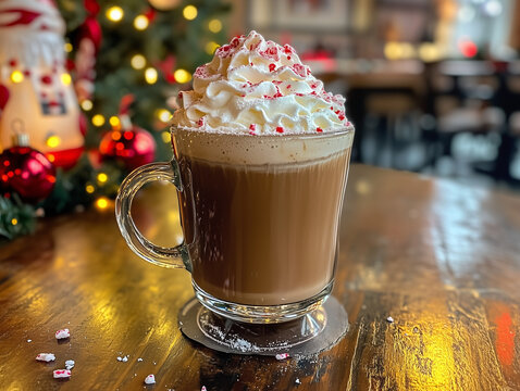 A cozy, festive peppermint mocha topped with whipped cream and sprinkled with crushed peppermint pieces in a clear glass mug. 