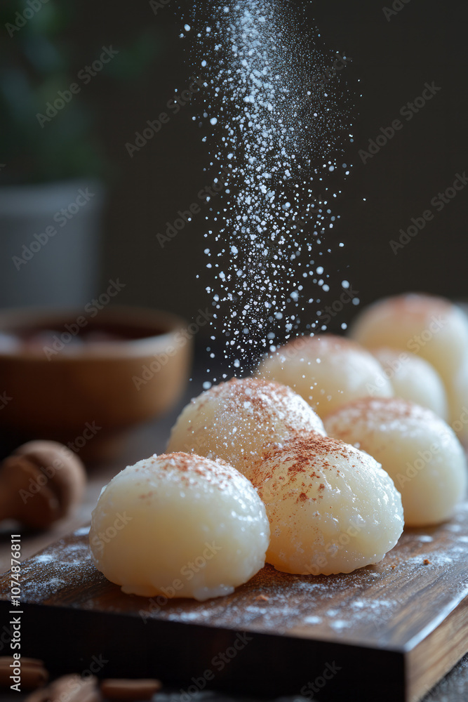 Poster close-up of mochi with a delicate dusting of powder, placed on a plain surface, capturing a simple a
