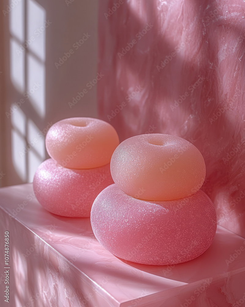 Poster pastel-colored mochi in a simple layout, placed on a plain background with a focus on soft, rounded 