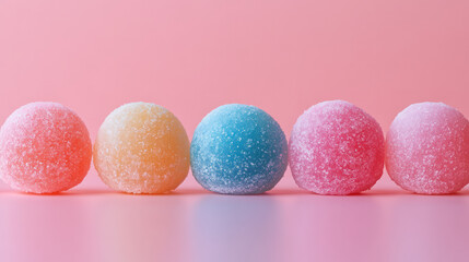 Obraz premium Minimalist composition of colorful mochi pieces arranged in a row on a clean surface, with soft, natural shadows,