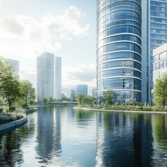Fototapeta premium Modern Tower Surrounded by Canals in Bright Daylight