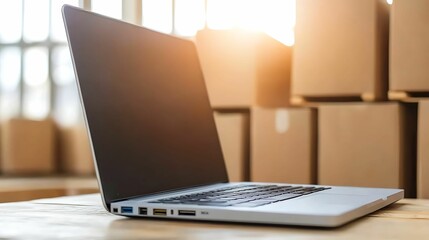 Fototapeta premium A sleek laptop sits on a wooden table, illuminated by sunlight, with cardboard boxes in the background, suggesting a workspace or moving scenario.