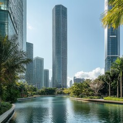 Fototapeta premium Modern Tower Surrounded by Canals in Bright Daylight