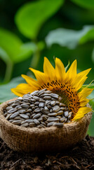 Fototapeta premium A sunflower blooms alongside a bowl of sunflower seeds in a lush garden, highlighting the connection between nature’s beauty and its plentiful harvest
