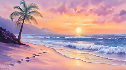 Tropical sunset with palm tree and footprints on sandy beach.