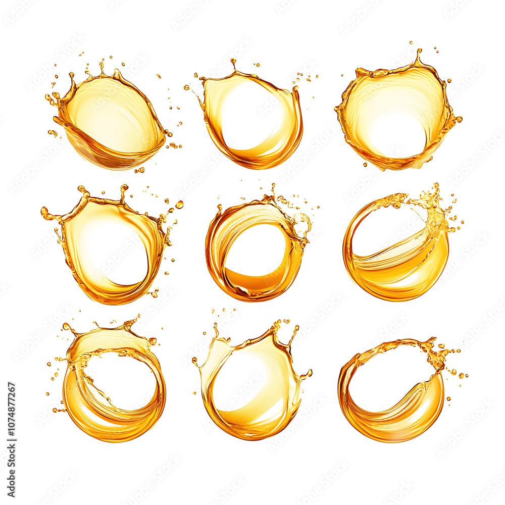 Poster golden liquid splashes form circular shapes against a transparent background, creating a dynamic and