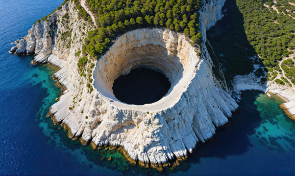 An aerial view of a large sinkhole in the island of Mljet, Croatia