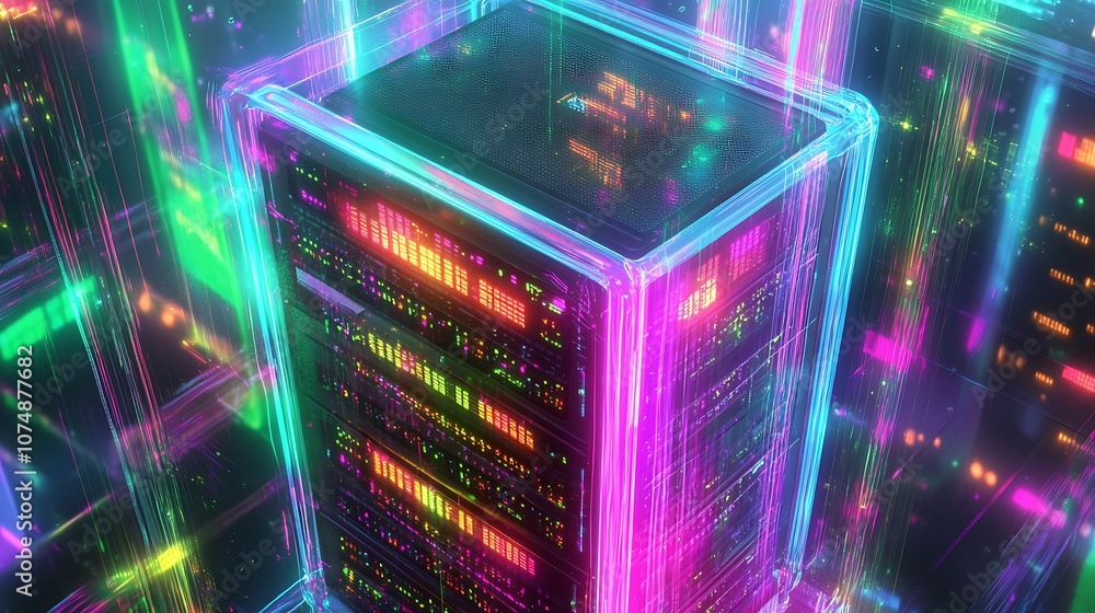 Poster neon glowing server rack in a data center.