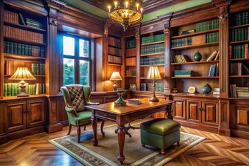 a library with a green chair and a table with a lamp on it