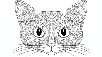 Adult Coloring Book Page, Intricate Detailed Cat Head Design for Stress Relief and Relaxation