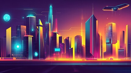 Futuristic city skyline at night.