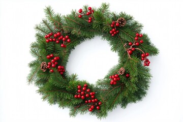 Beautiful Christmas wreath decorated with red berries and pine cones lying on white background, creating festive atmosphere