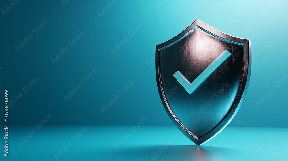 Poster 3d rendering of a metallic shield with a bold check mark in the center, set against a smooth blue gr