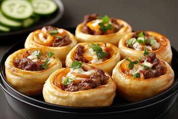  Rollos de hojaldre rellenos de carne, decorados con hierbas frescas, servidos en un plato negro.
