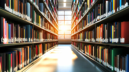 A long aisle in a library, lined with bookshelves filled with books. Sunlight shines through the window at the end of the aisle.