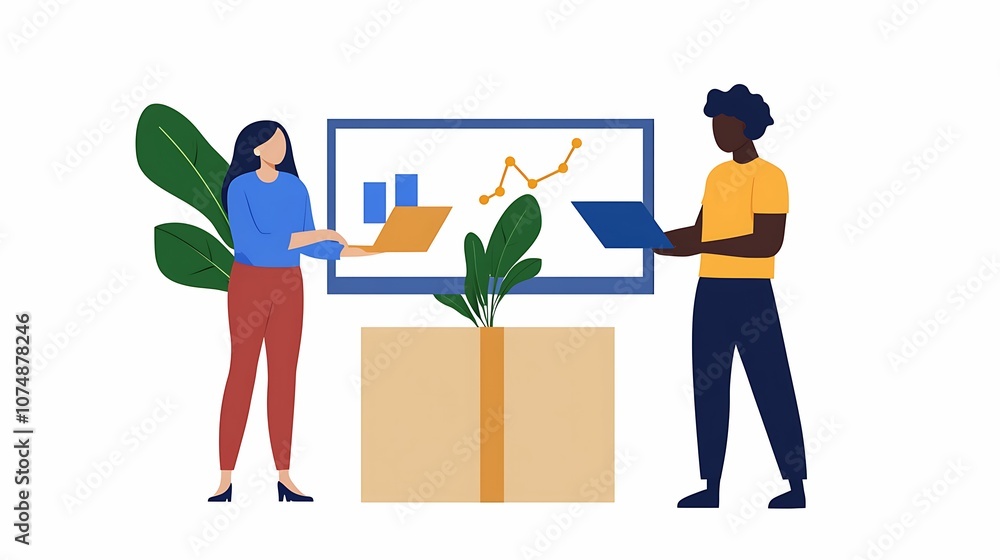 Canvas Prints a modern illustration of two individuals analyzing business data on a screen, featuring graphs and g