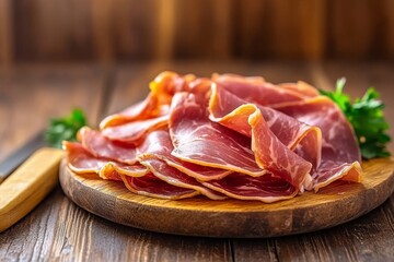  Finas lonchas de jamón curado dispuestas sobre una tabla de madera, decoradas con perejil fresco. 
