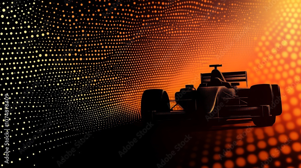 Poster silhouette of a race car speeding through a tunnel of light.