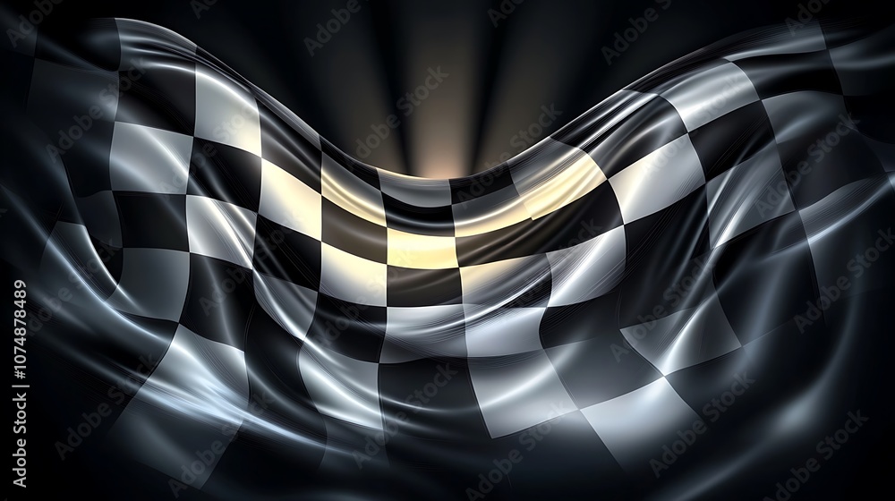 Poster wavy checkered flag with glowing light.