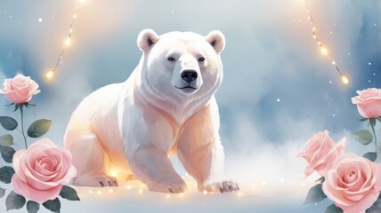 A polar bear surrounded by roses, illuminated by soft lights in the background, creating a serene and enchanting scene.