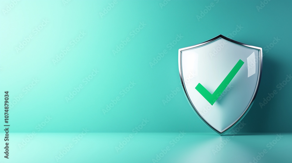Poster a 3d shield with a smooth, reflective surface and an embedded green check mark, placed on a soft blu