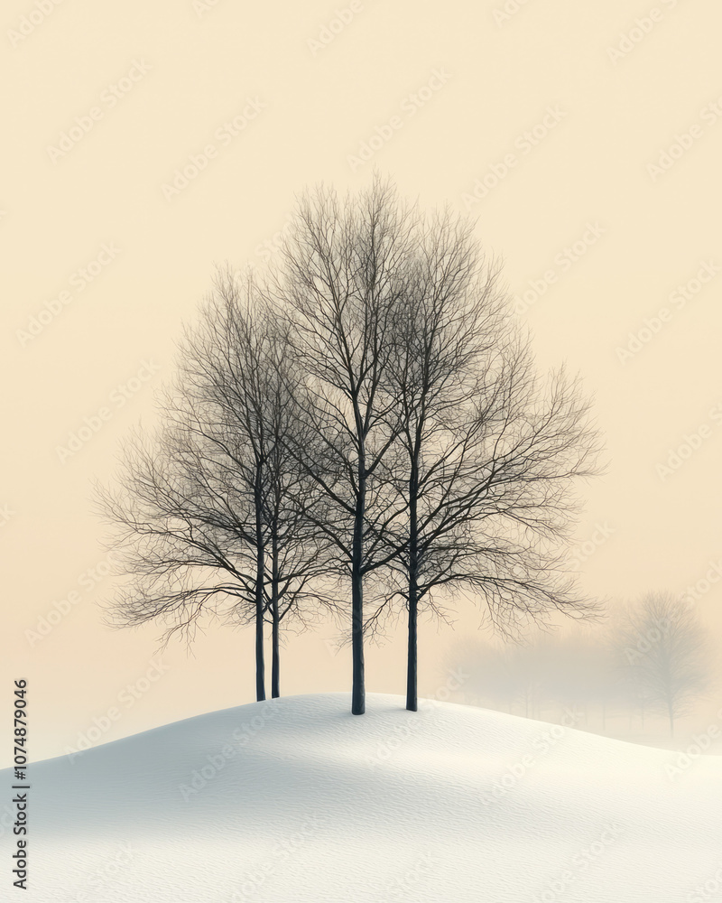 Poster abstract line of bare winter trees on a light background, creating a calm and simple winter scene,