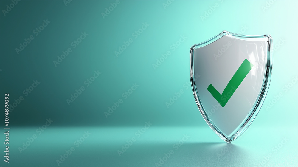 Poster a 3d shield with a smooth, reflective surface and an embedded green check mark, placed on a soft blu