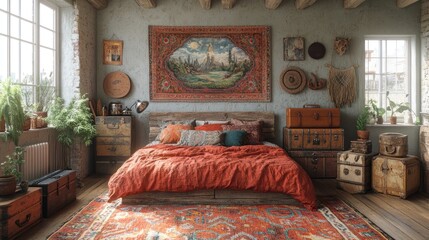 A cozy bedroom with a large tapestry on the wall, a wooden bed frame, and a red rug.