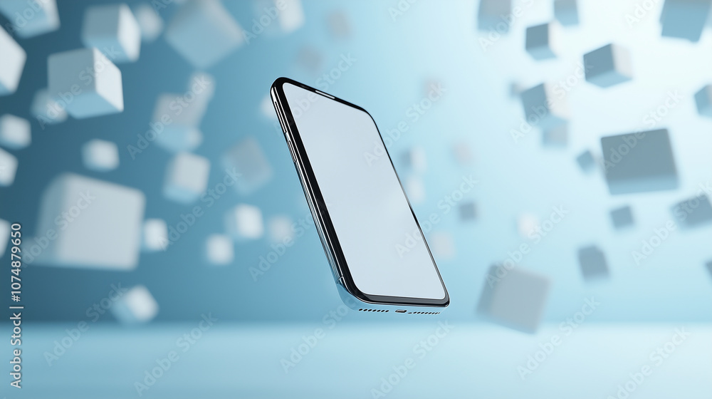 Poster a modern 3d smartphone with icons floating above it, representing digital communication on a smooth 