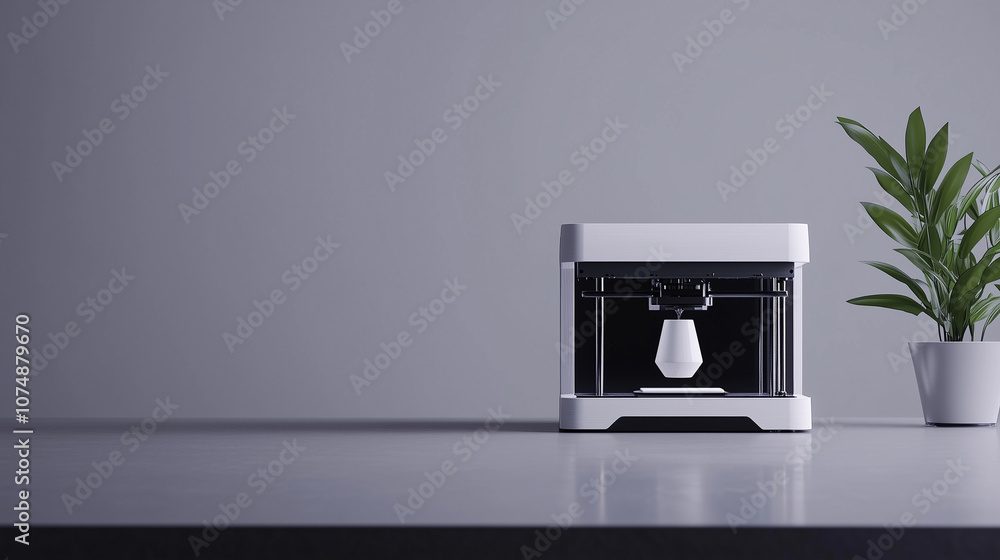 Poster high-tech 3d printer model with an object in mid-print, symbolizing innovation and modern technology