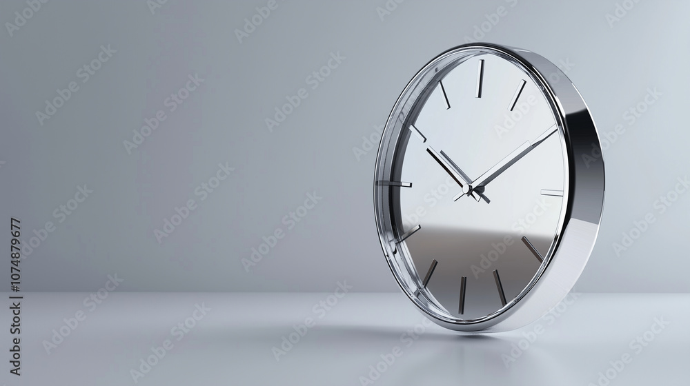 Poster 3d rendering of a sleek silver clock with minimalist design, symbolizing time management, against a 