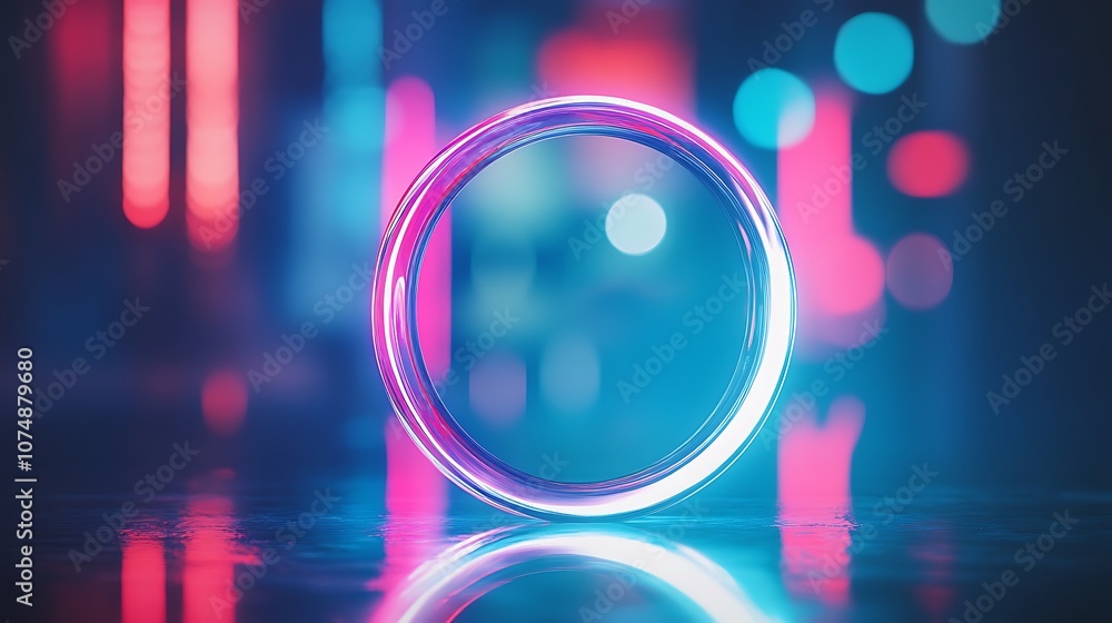 Poster glowing neon ring on reflective surface with blurred colorful lights in background.