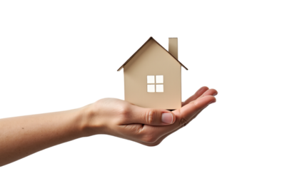 Hand Holding a Small Cardboard House on Transparent Background (PNG).