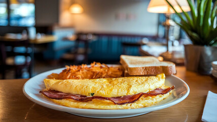 Delicious breakfast plate with fluffy omelet and crispy bacon on a rustic table setting in a cozy restaurant background, perfect for food and lifestyle visuals. 