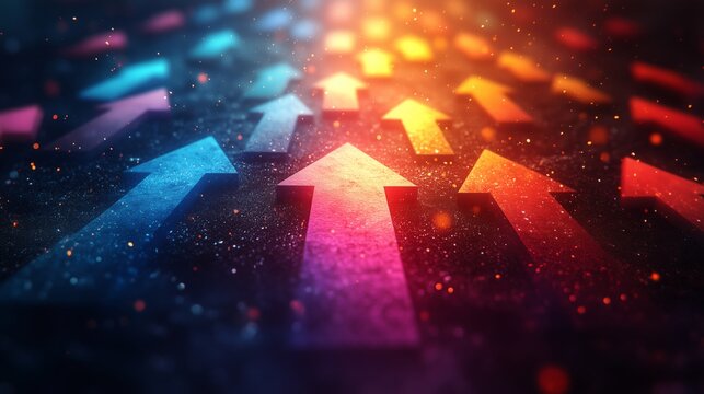 Vibrant Arrows Moving Upward on a Dark Abstract Background Symbolizing Growth, Success, and Progress in a Dynamic, Colorful Digital Illustration