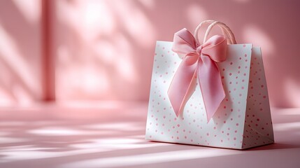 Fototapeta premium Elegant&nbsp;white gift bag featuring pink ribbon bow&nbsp;against soft pastel background, captured with gentle sunlight and diffused lighting for&nbsp;dreamy retail aesthetic.