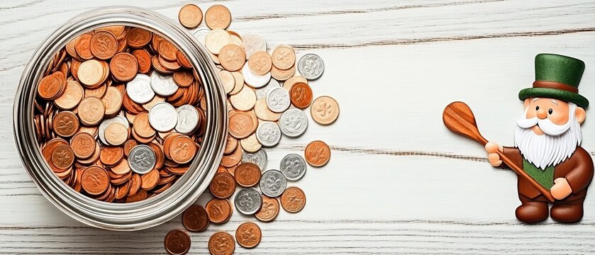  Tarro de vidrio lleno de monedas derramadas junto a una figura decorativa de un leprechaun sobre una mesa de madera.
